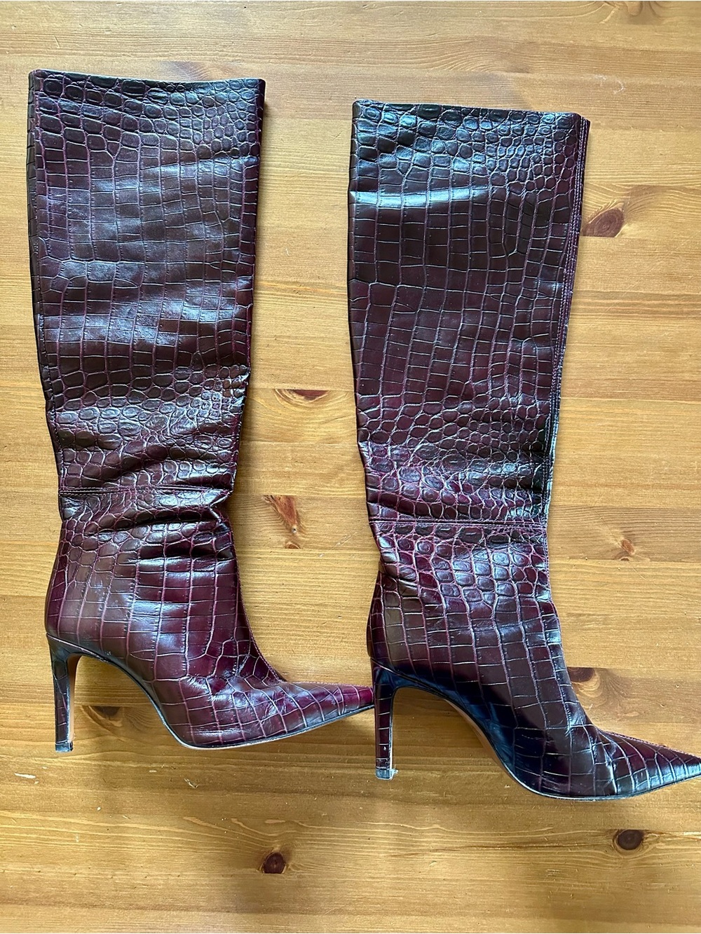 Zara Wine Croc-Embossed Knee-High Stiletto Boots